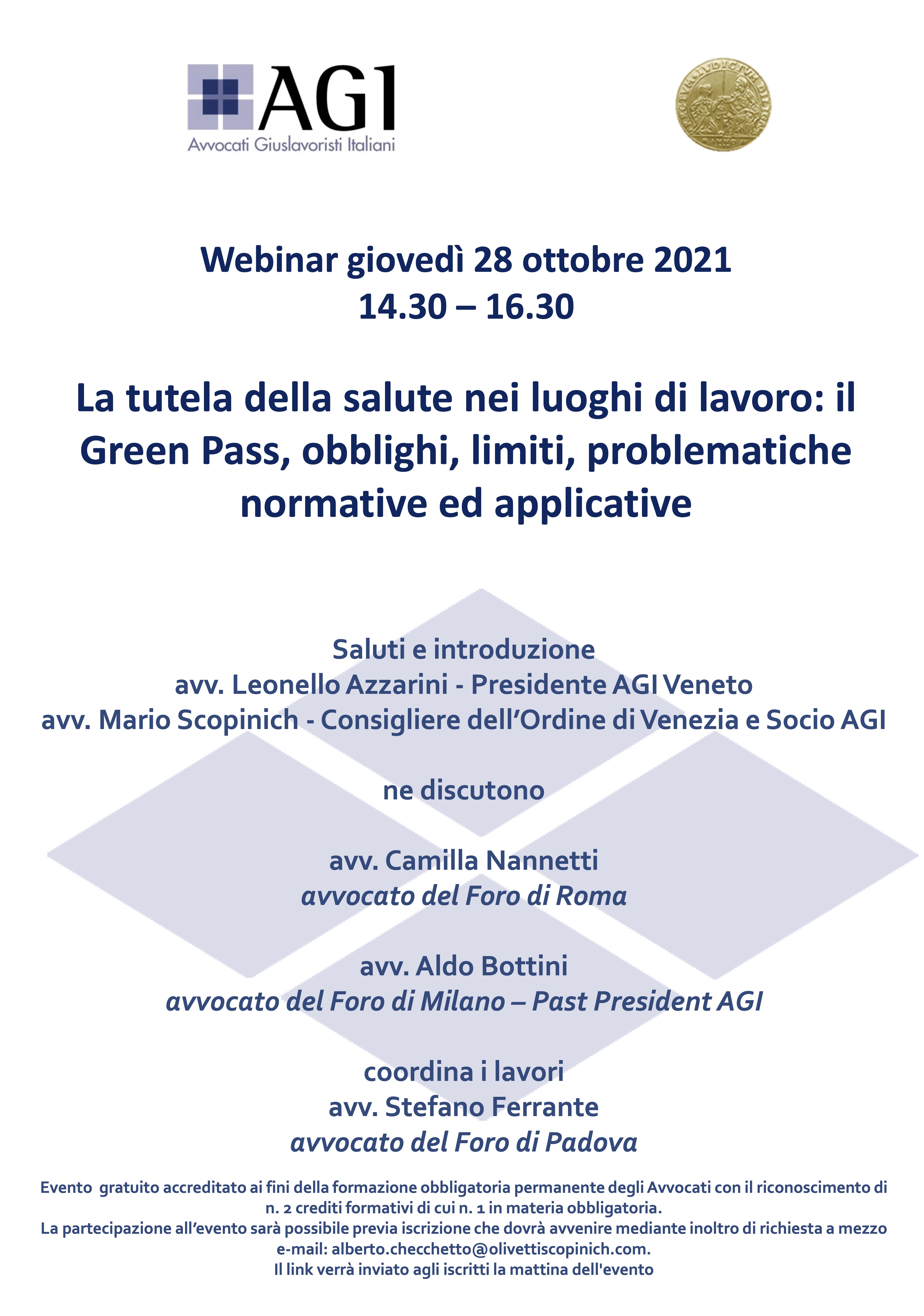 Webinar La tutela della salute nei luoghi di lavoro: il Green Pass, obblighi, limiti, problematiche normative ed applicative